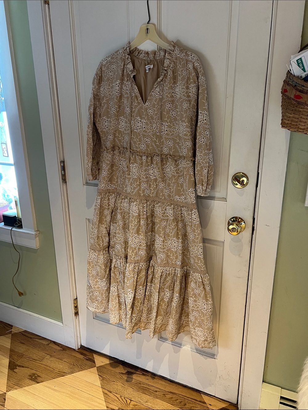 Chico’s Midi Tiered Ruffle Eyelet Dress in Neutral